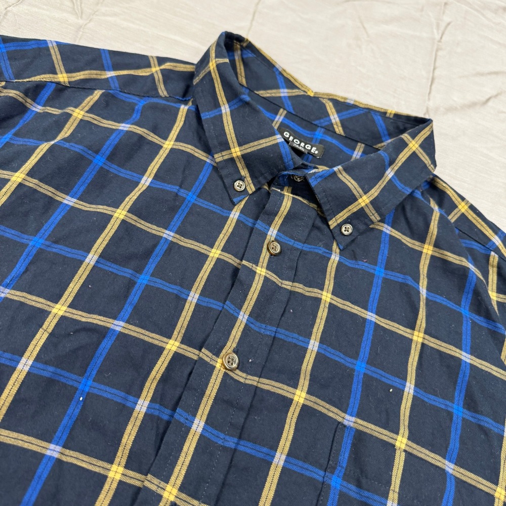 George Mens 3XL Dark Navy Multi Plaid Button Down Shirt Long Sleeve‎ GM33Y035B